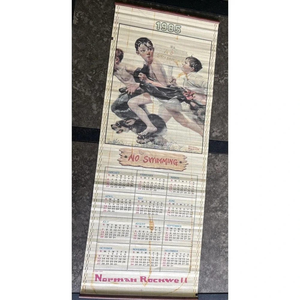 Vtg. Wooden 1985 Norman Rockwell Year-Long‎ Roll-Up Calendar Wall Hanging As Is